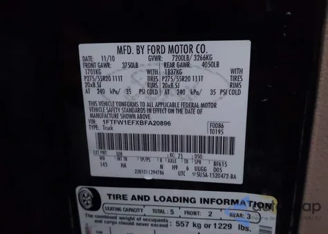 2011 Ford F-150 Lariat from USA, damaged, VIN 1FTFW1EFXBFA20896